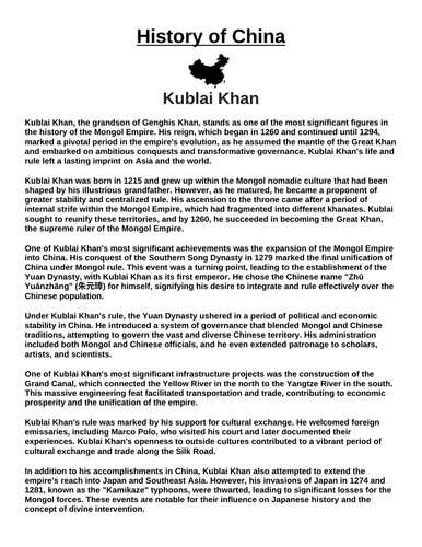 Kublai Khan “Article & Questions” Assignment (Ancient China)