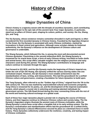 Major Dynasties “Article & Questions” Assignment (Ancient China)