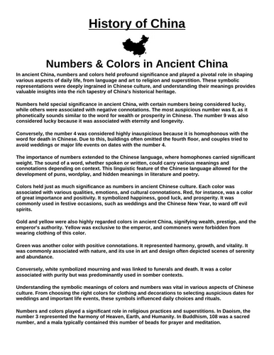 Numbers & Colors in Ancient China “Article & Questions” Assignment (Ancient China)
