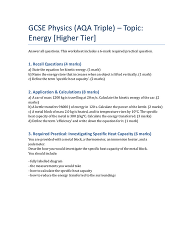 Energy Worksheet AQA GCSE Physics Higher Tier