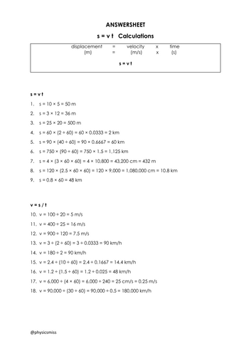 GCSE Physics Worksheets [ s = v t ] Displacement Calculations w solutions