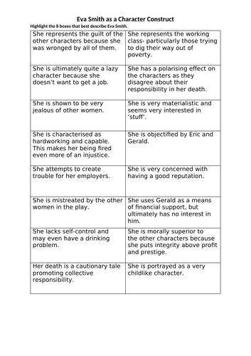 An Inspector Calls Eva Smith Characterisation Boxes