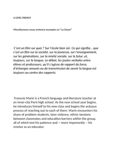 A LEVEL FRENCH sentences for "ENTRE LES MURS"