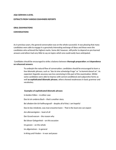 A LEVEL GERMAN: revision by reference to Examiners Observations