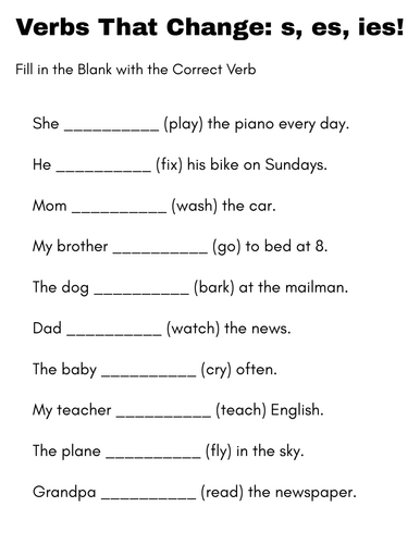 verbs ending with s es ies exercises