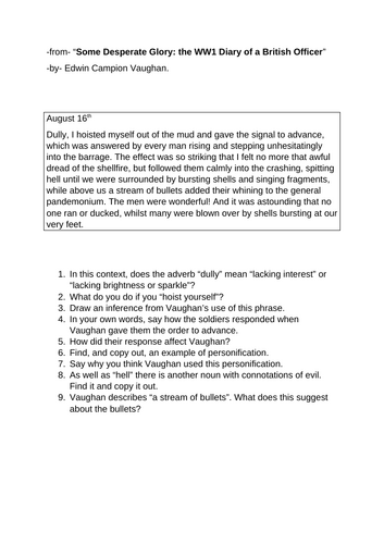 KS3, KS4 Non Fic WW1 "Some Desperate Glory" CRR Homework Cover