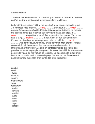 French A Level Gap Fill Exercise with Answer Key