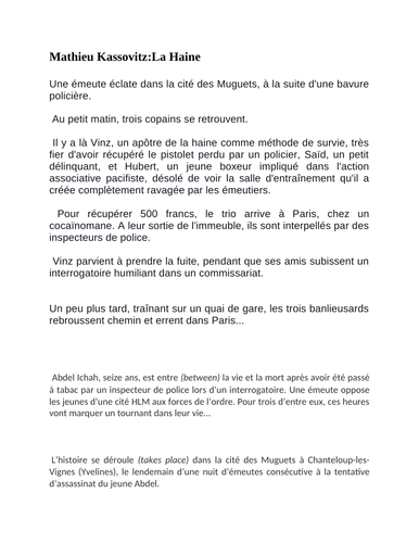French A Level revision notes "La Haine"