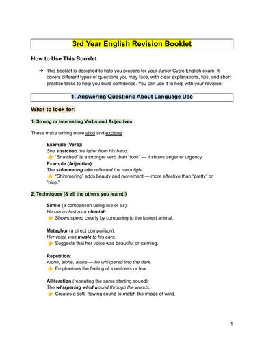 3rd Year English –  Junior Cycle Exam Prep Booklet