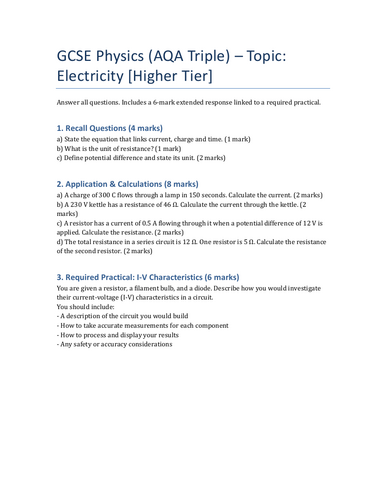 GCSE Physics Electricity Revision sheet