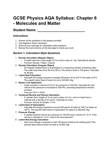 Molecules and Matter Worksheet