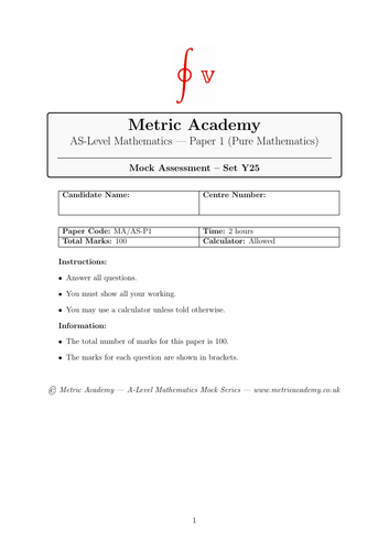 2025 AS level Predicted Paper 1, Pure Maths