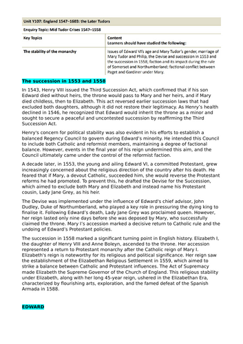 The Stability of the Monarchy: Unit Y107 The Later Tudors & Unit Y106 The Early Tudors (OCR History)