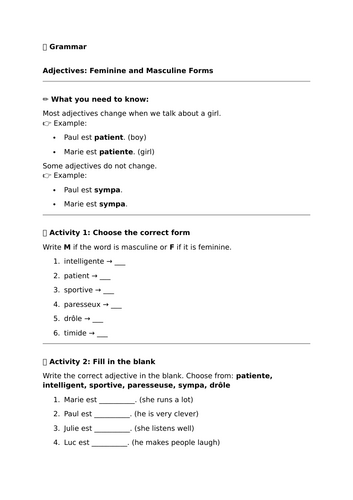 Adjectives – Feminine and Masculine Forms