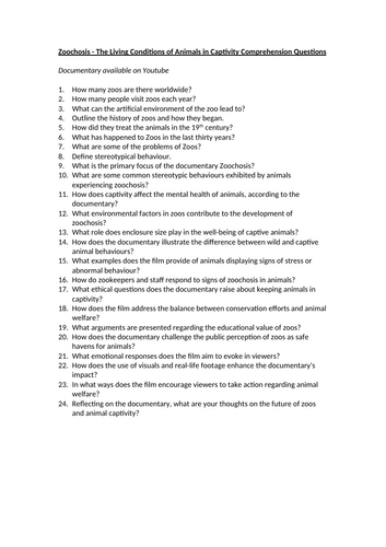 Zoochosis - The Living Conditions of Animals in Captivity Comprehension Questions