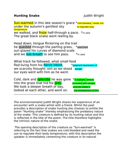 iGCSE ENGLISH LITERATURE poetry anthology Cambridge board: Level 9 analysis  'Hunting Snake'