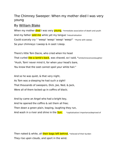 iGCSE English Literature poetry analysis "The Chimney Sweeper"