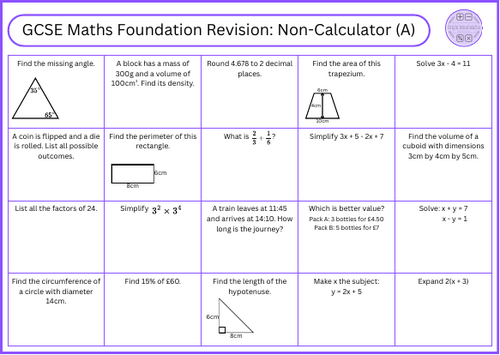 GCSE Foundation Revision Non-Calculator (A)