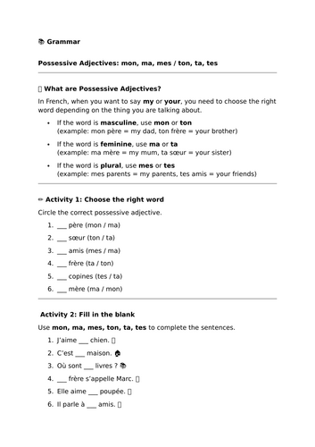 Possessive Adjectives – mon, ma, mes / ton, ta, tes