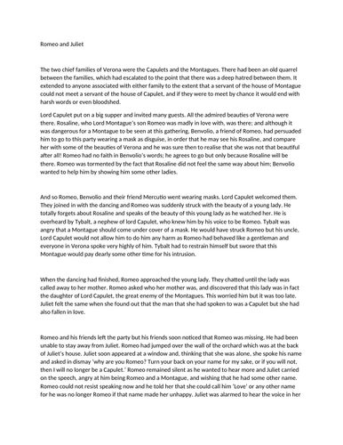 A synopsis of the plot of "Romeo and Juliet"