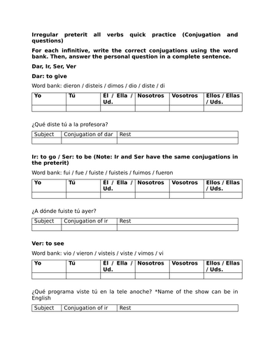 Irregular preterit all verbs quick practice (Conjugation and questions)