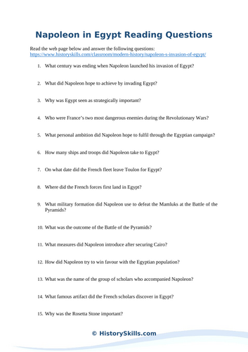 Napoleon in Egypt Reading Comprehension Questions Worksheet