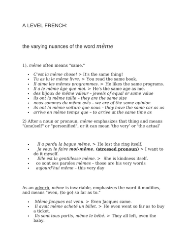 A LEVEL FRENCH revision: the various nuances of "même"