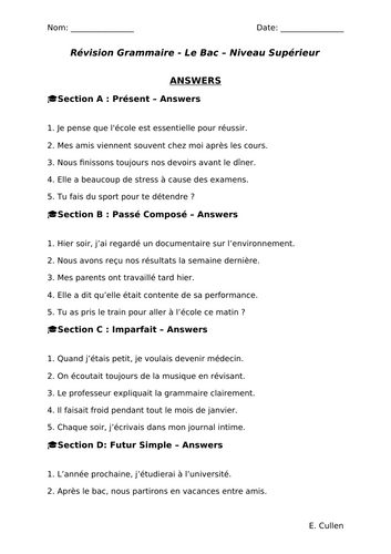 Verb Revision Worksheet - French