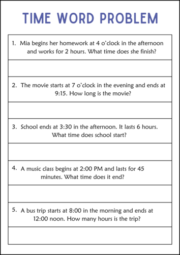 Printable Elapsed Time Word Problem to the Hour Worksheets for Grade 1, 2, 3
