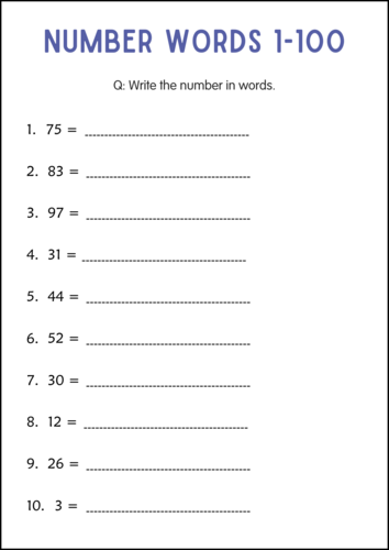 Printable Writing Number in Words 1 to 100 Worksheets for Grade 1, 2, 3