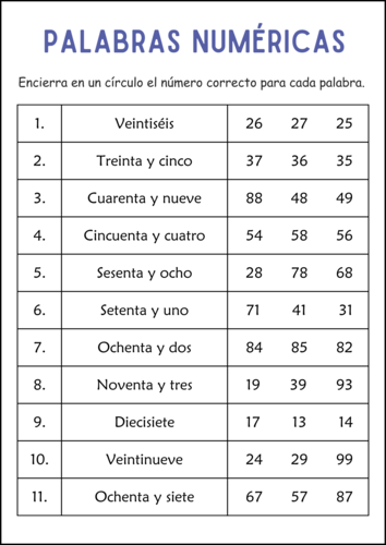 Number Words 1 to 100 Worksheets in Spanish - Palabras Numéricas del 1 al 100