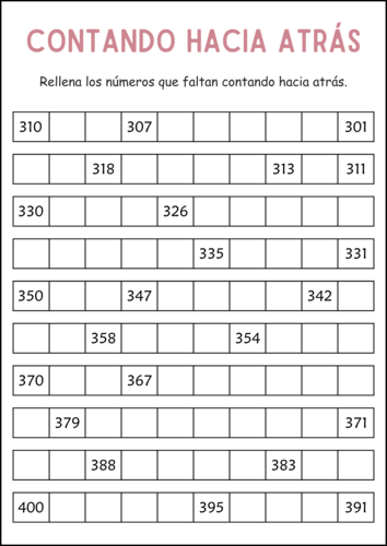 Counting Backward 1 to 500 in Spanish - Contando Hacia Atrás del 1 al 500