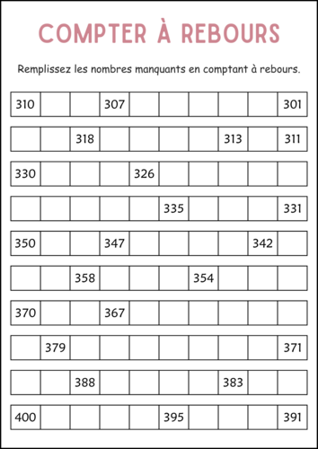 Counting Backward 1 to 500 Worksheets in French - Compter à Rebours de 1 à 500