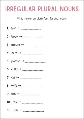 Printable Regular and Irregular Plural Nouns Grammar Worksheets for Grade 2, 3