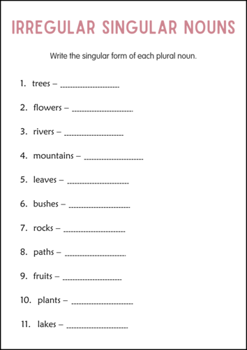 Printable Regular and Irregular Singular Nouns Grammar Worksheets for Grade 2, 3