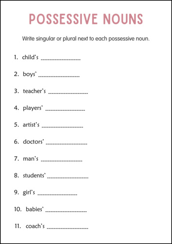 Printable Singular and Plural Possessive Nouns Grammar Worksheets for Grade 2, 3