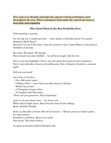 Speech Writing Resource Pack – Messi & Taylor Swift Speeches with Techniques