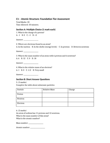 GCSE Chemistry. C1 - Atomic Structure Quiz Questions, Mark Scheme & Grade Boundaries (H & F)