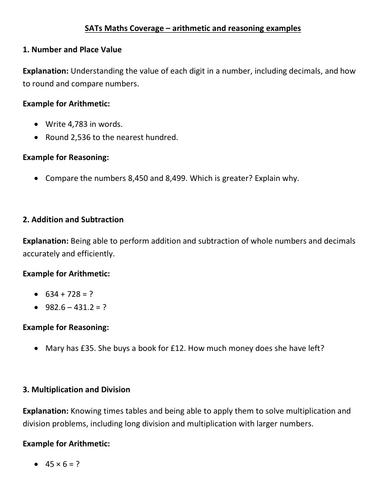 SATs Maths Coverage – arithmetic and reasoning examples
