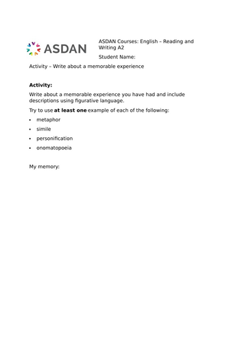 ASDAN Short Course English - R&W A2 - Memorable Experience