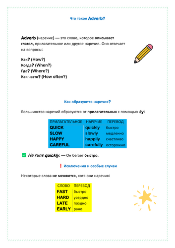 Adverbs – Grammar Rules and Practice Worksheets (A1–A2, with Russian Support)