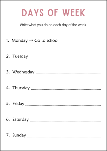 7 Days of The Week Printable Worksheets Calendar Math for grade 1, 2, 3