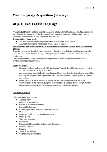 A Level English Language Child Literacy Acquisition Revision Booklet AQA