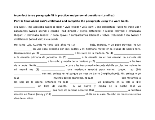 Imperfect tense paragraph fill in practice and personal questions (La niñez)