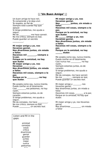 GCSE Spanish Un Buen Amigo song + gap fill + questions