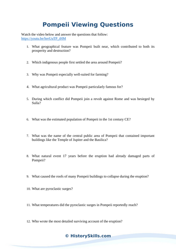 Burial and Rediscovery of Pompeii Viewing Questions Worksheet