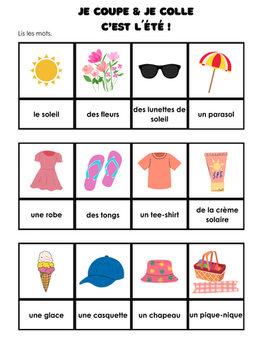 FRENCH Summer vocabulary cut and paste activity