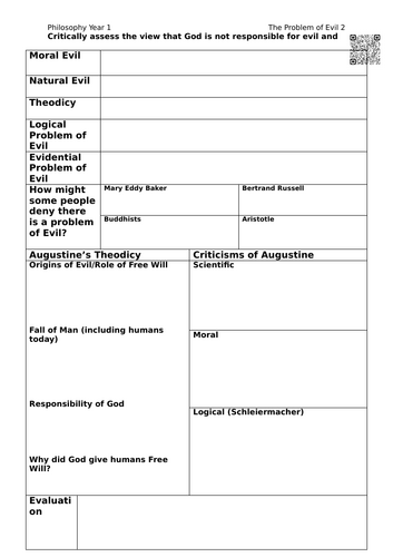 A Level Religious Studies independent study sheet - Philosophy - Problem of Evil 2