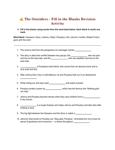 The Outsiders – Revision Activity