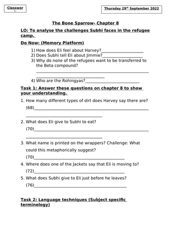 The Bone Sparrow- Chapter 8 Worksheet